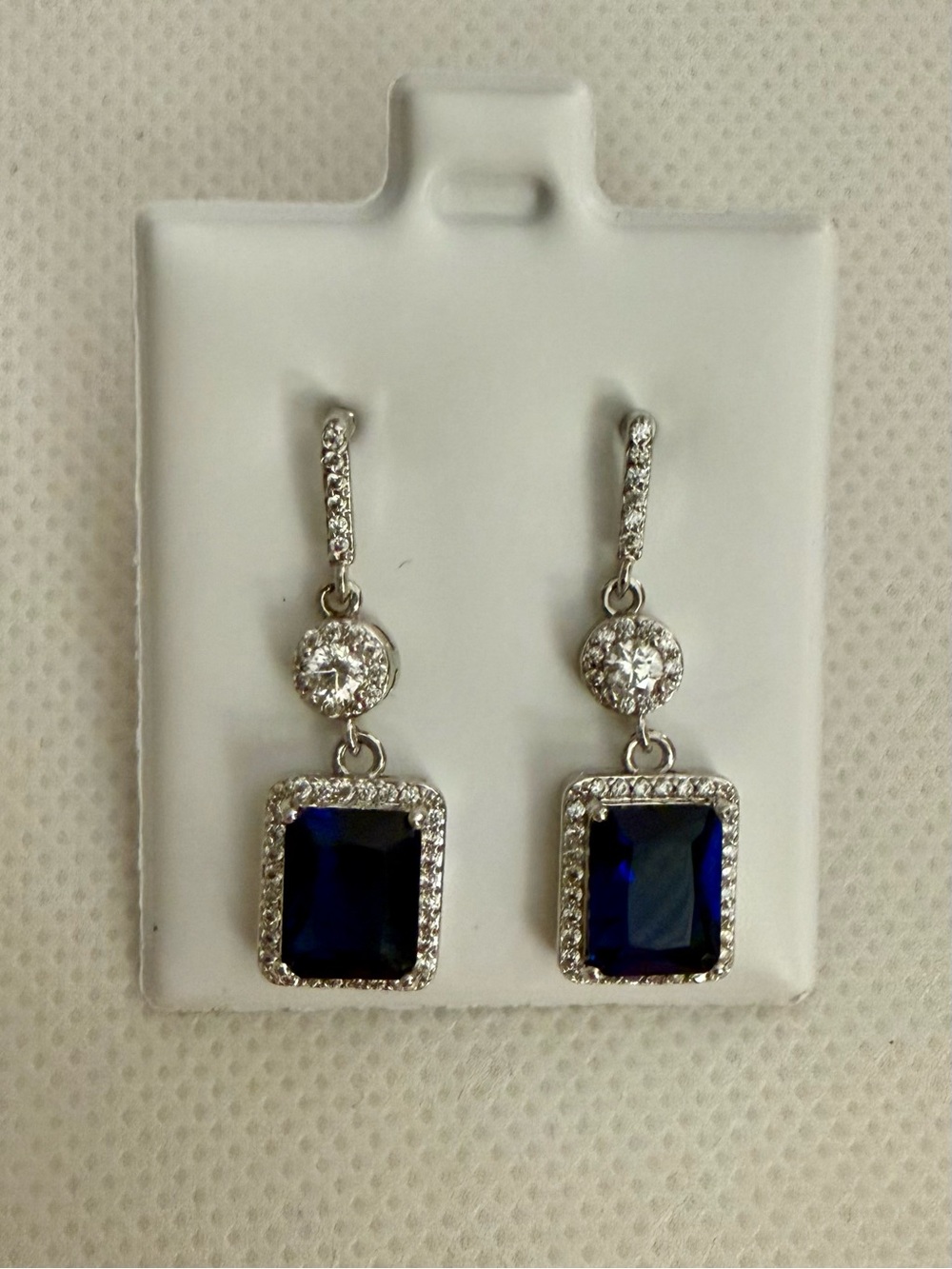 Sterling Silver Emerald Cut Lab Simulated Blue Sapphire Halo Drop Earring